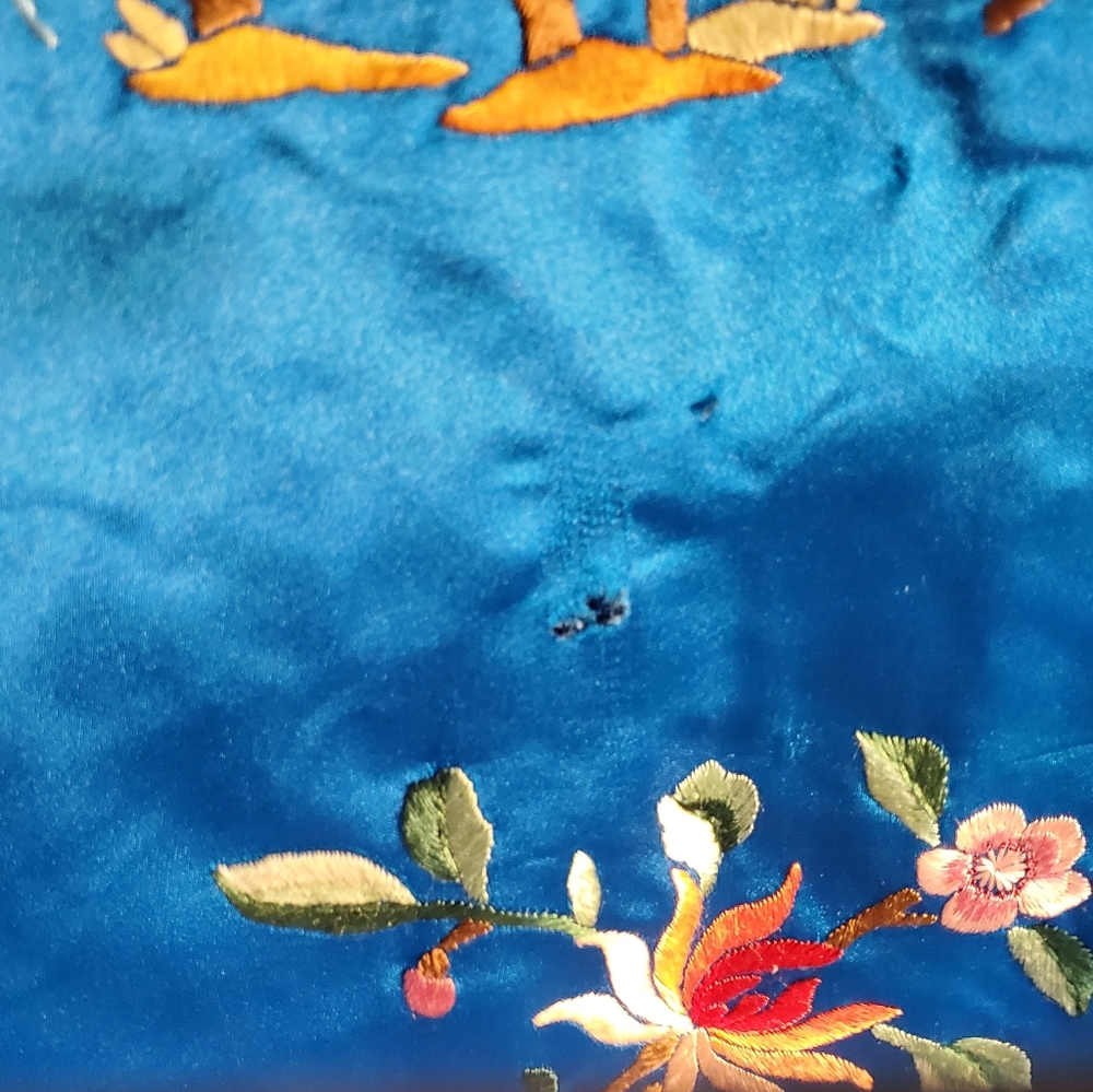 Blue Embroidered Satin Top with Floral Motif - Picture 10 of 16
